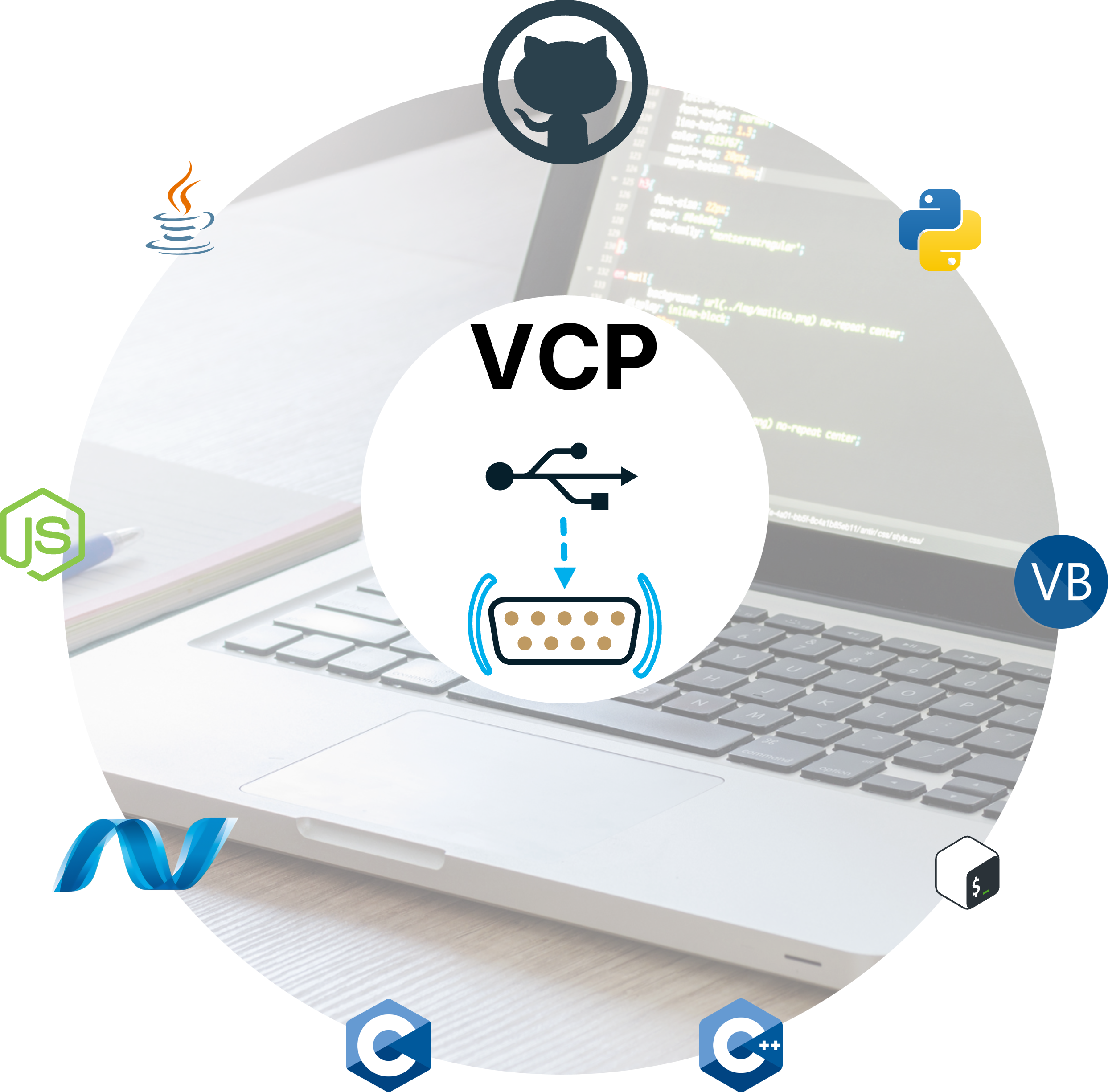 computer with codes and Dracal logo + VCP infographics